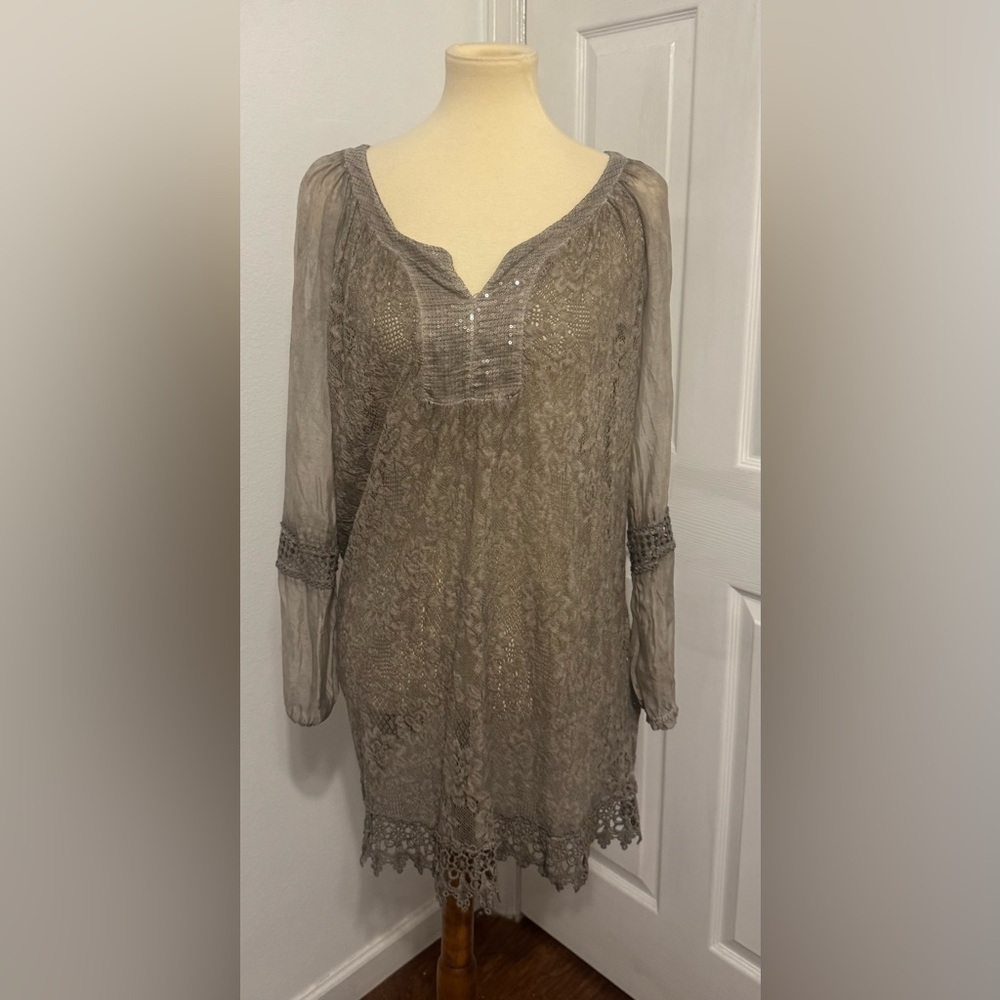 Tempo Paris Taupe Lace Boho Tunic Dress Silk Blend Sequin Neck Sheer Sleeve Lrg